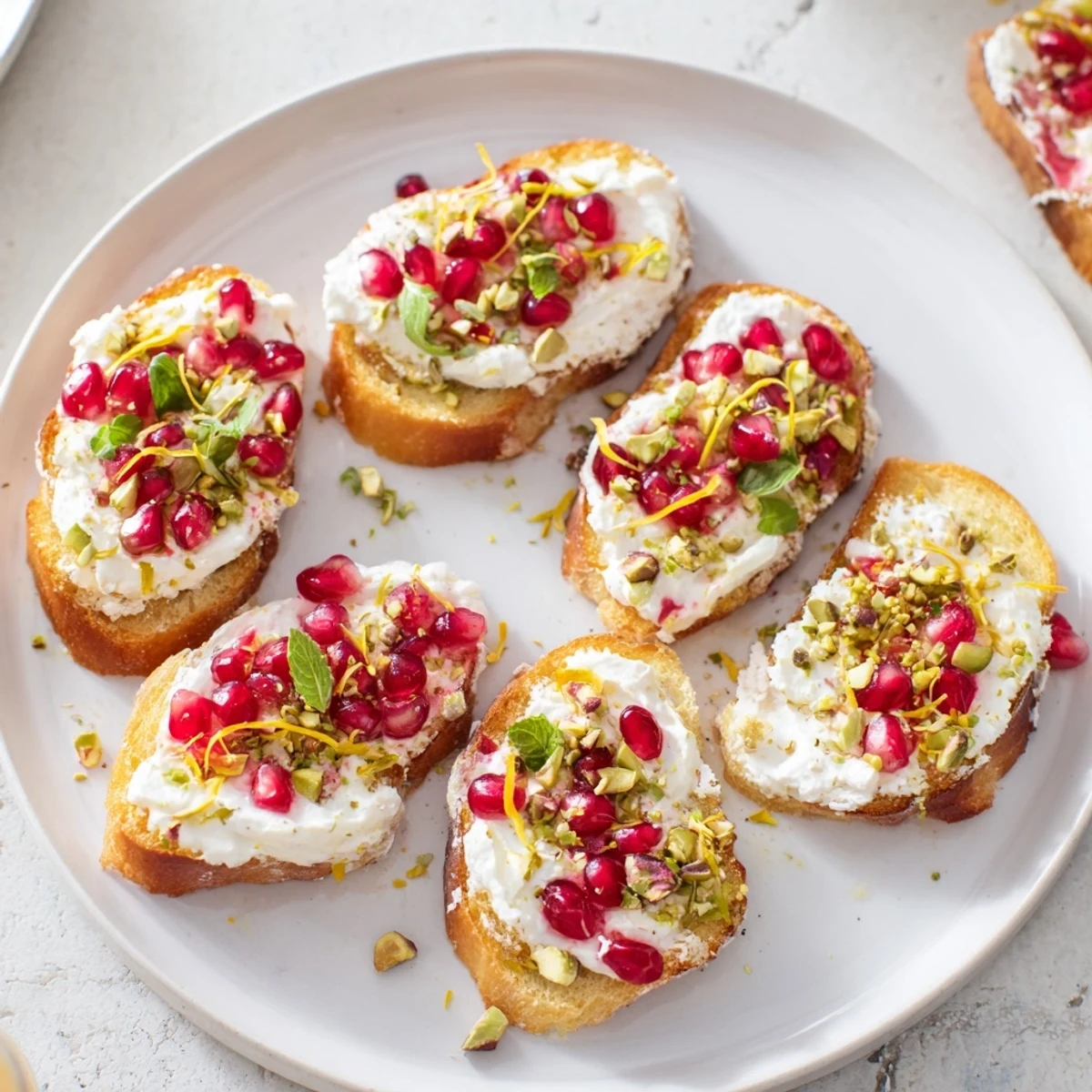 Golden, crispy Festive Pomegranate and Goat Cheese Crostini topped with vibrant pomegranate seeds and fresh mint.