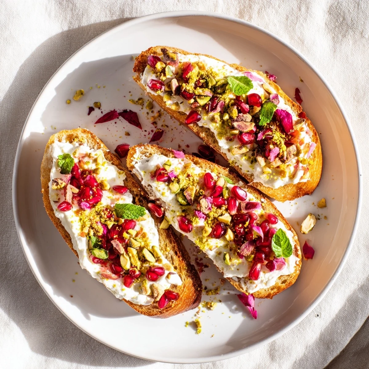 Creamy goat cheese spread over toasted bread, showcasing these easy festive Pomegranate Crostini appetizers.