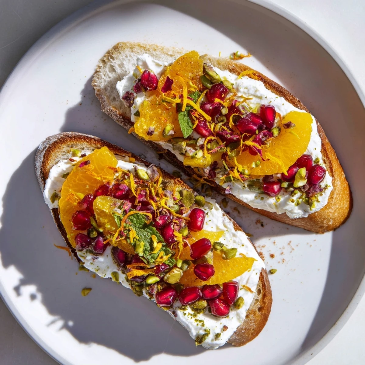 A close-up of beautifully garnished, delicious Festive Pomegranate and Goat Cheese Crostini ready to be enjoyed.
