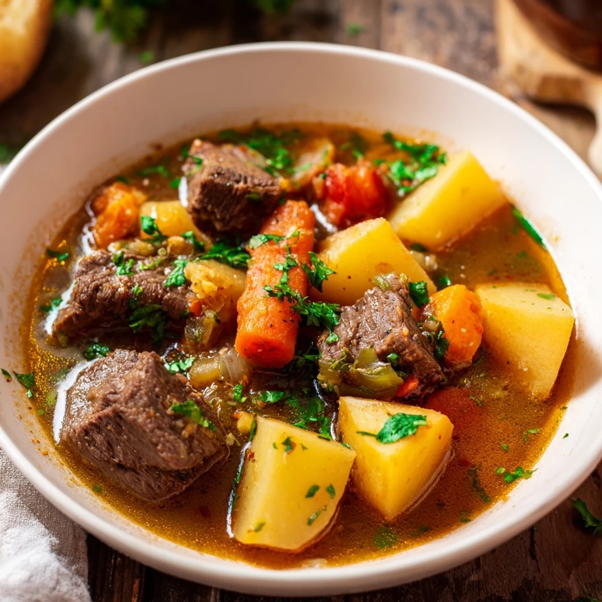 A steaming bowl of One-Pot Hearty Beef and Barley Soup, garnished with fresh parsley, looks delicious.