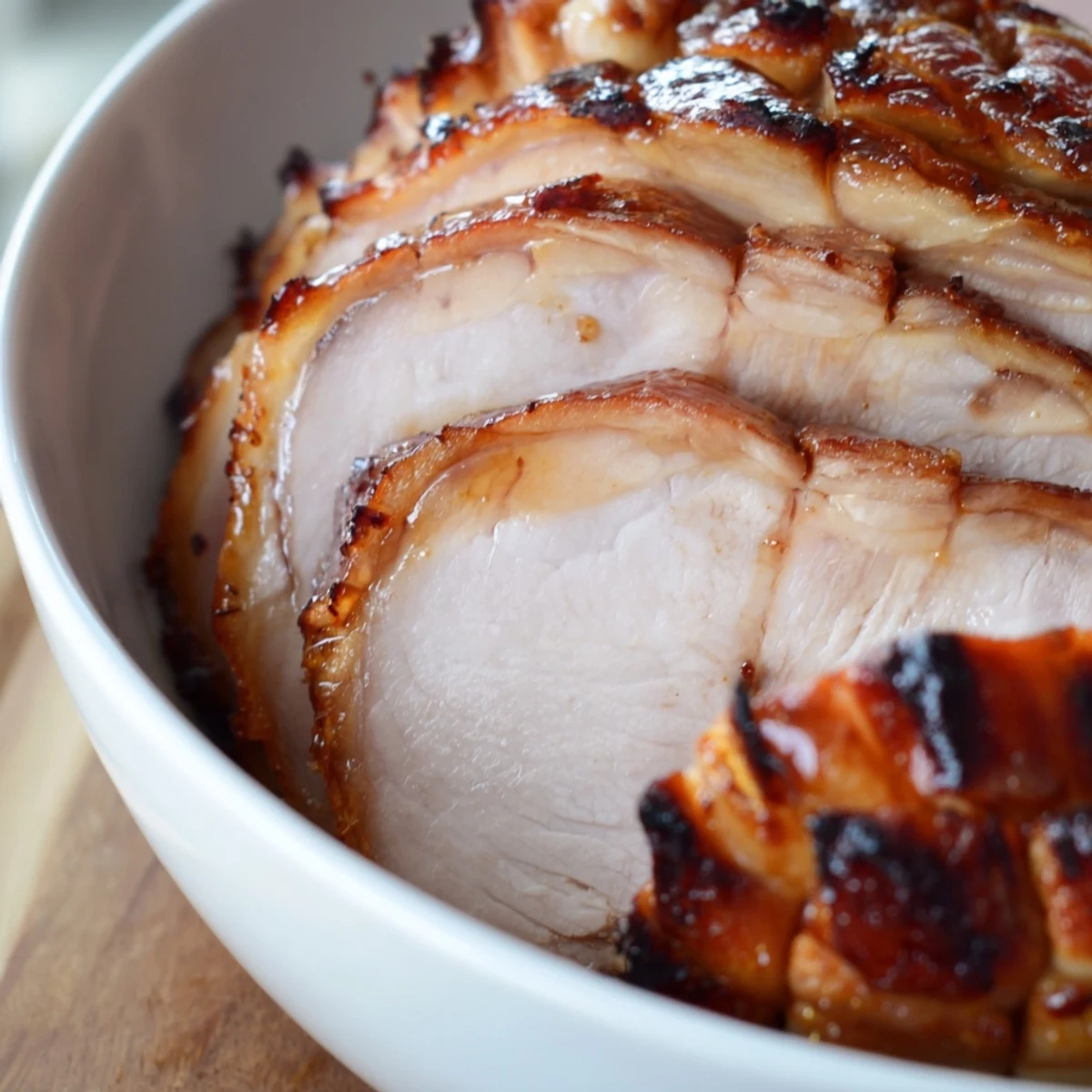 Slow-roasted pork shoulder glistening, beautifully glazed, offering a balance of sweet and savory aromas.