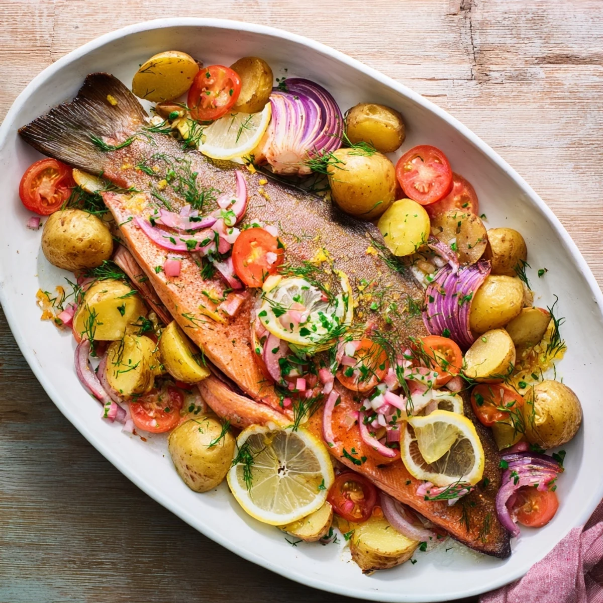Golden-brown One-Tray Baked Trout, perfectly flaky, surrounded by roasted vegetables and fresh herbs.