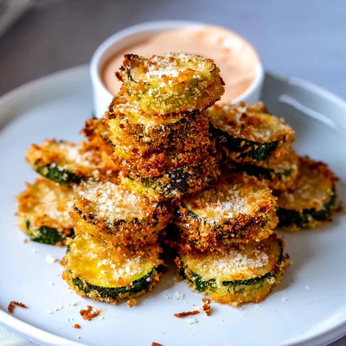 Golden-brown Crispy Baked Zucchini Rounds, perfectly crunchy, served with vibrant, spicy mayo for dipping.