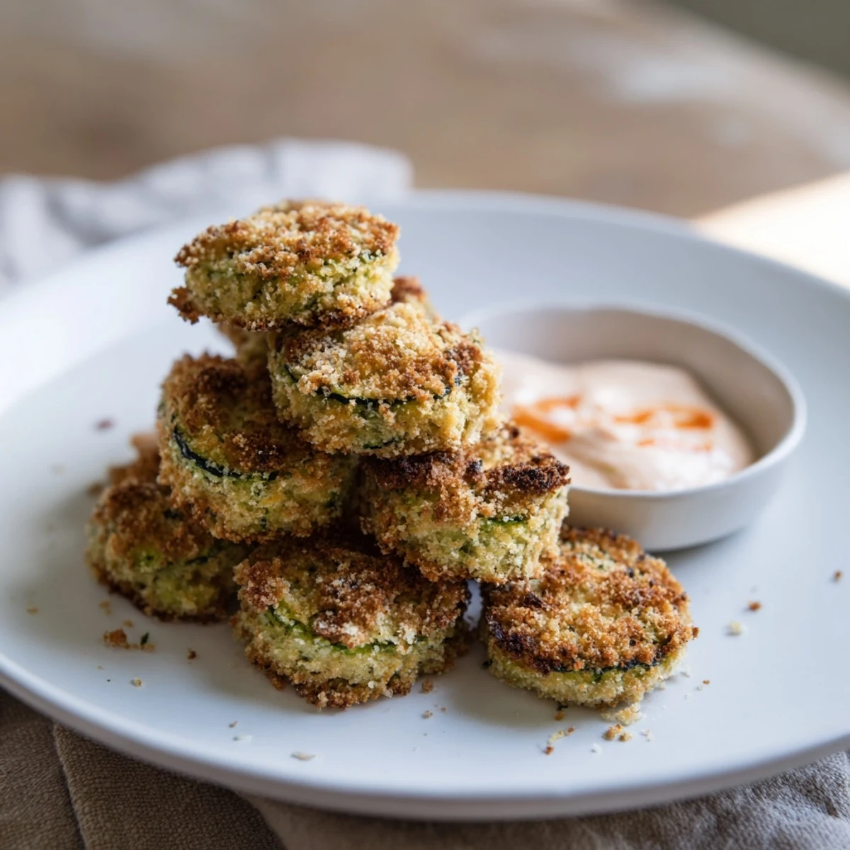 Imagine the satisfying crunch: Delicious, golden Crispy Baked Zucchini Rounds paired with a cool and creamy spicy mayo.