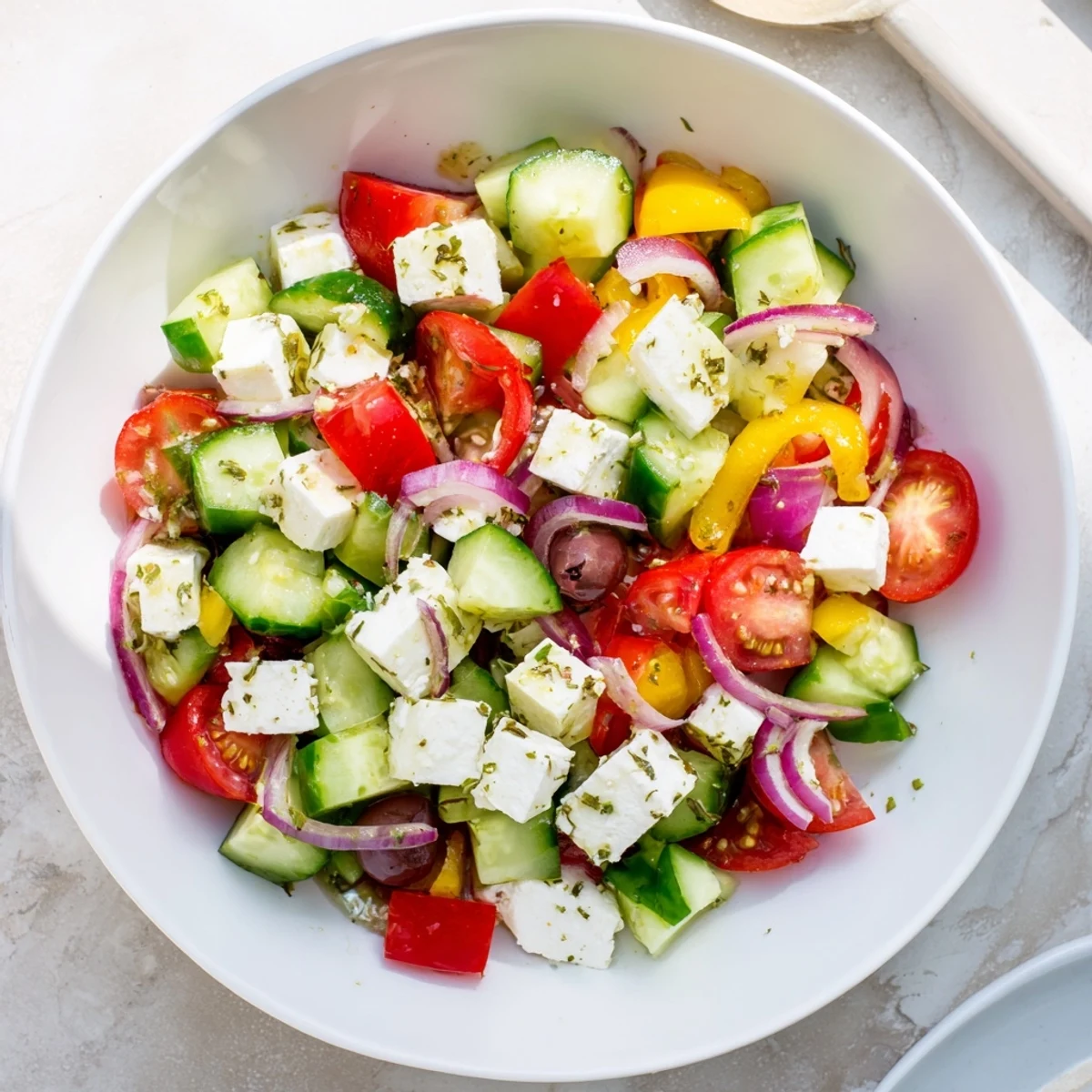 Close-up of a refreshing Fresh Mediterranean Salad, filled with vibrant veggies and zesty dressing.