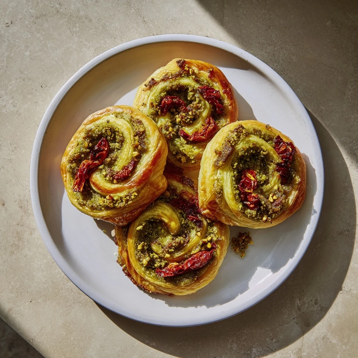 These perfectly swirled Savory Sun-Dried Tomato and Pesto Palmiers are a tasty appetizer, ready to serve!