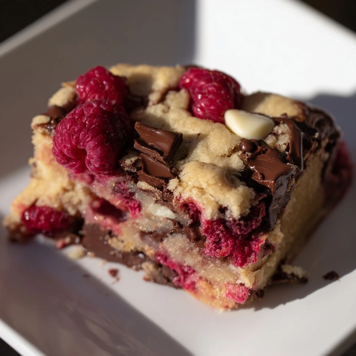 A close-up of a square of perfectly baked Decadent White Chocolate and Raspberry Blondies, oozing deliciousness.