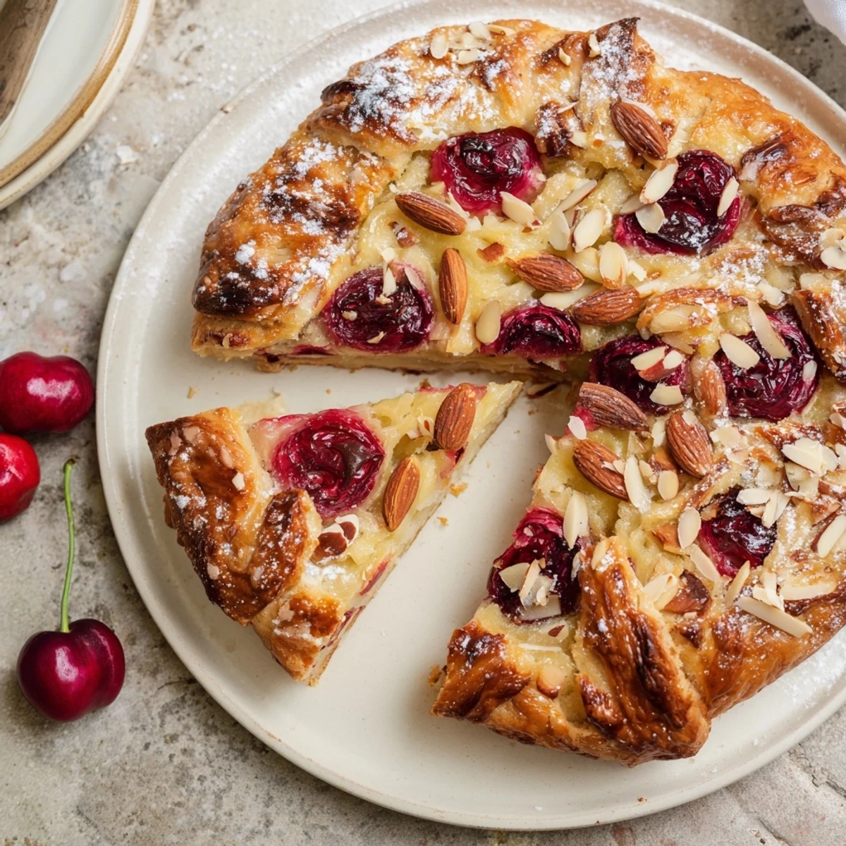 Golden-brown Rustic Cherry and Vanilla Almond Galette, full of juicy cherries spilling from a flaky crust.
