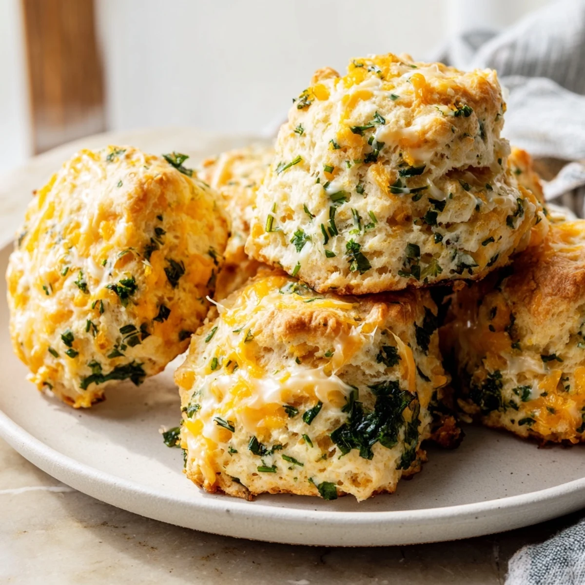 Golden cheddar and chive scones fresh from the oven, showing a flaky, golden-brown crust.