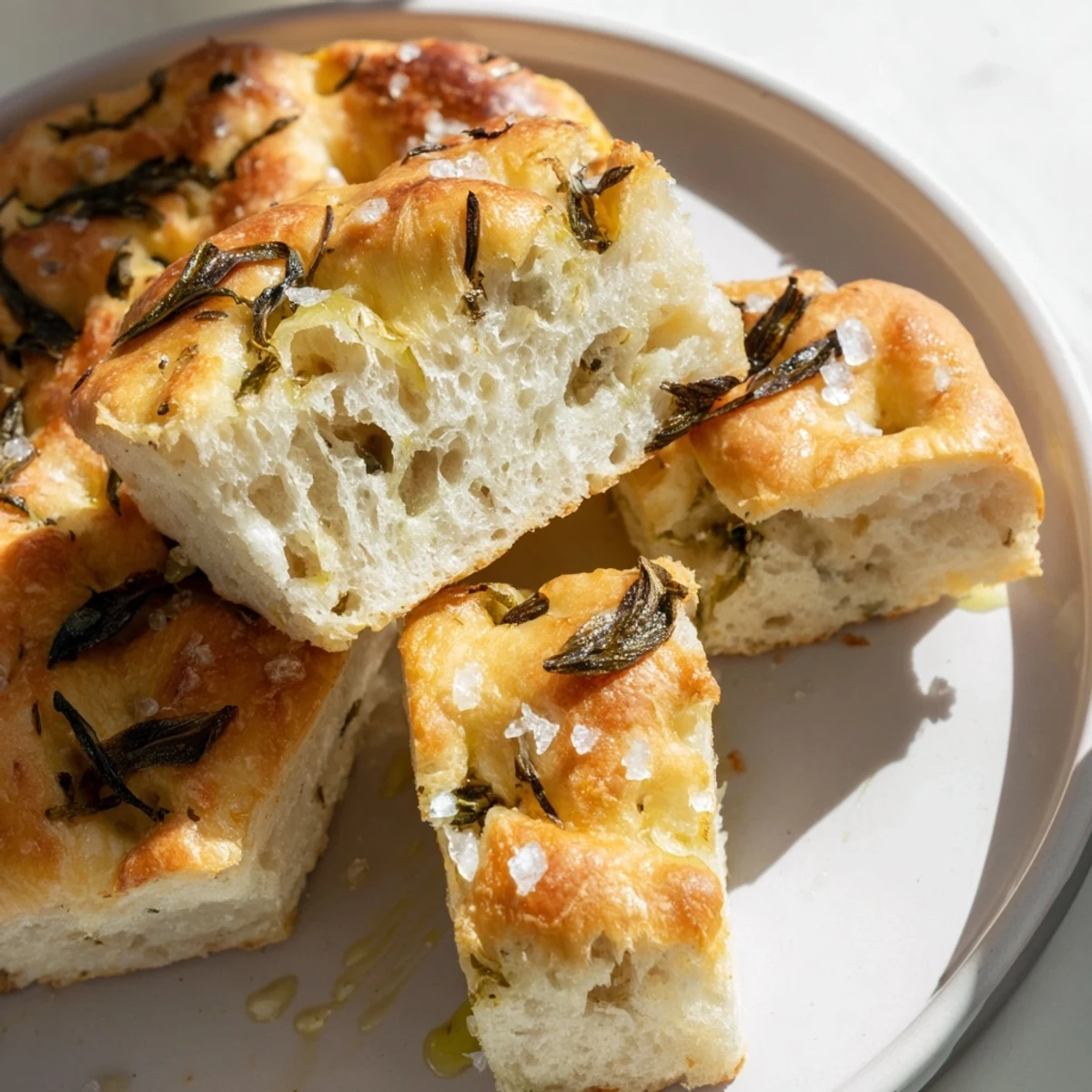 Freshly baked Simple Homemade Focaccia: a beautifully textured Italian flatbread with sea salt crystals.