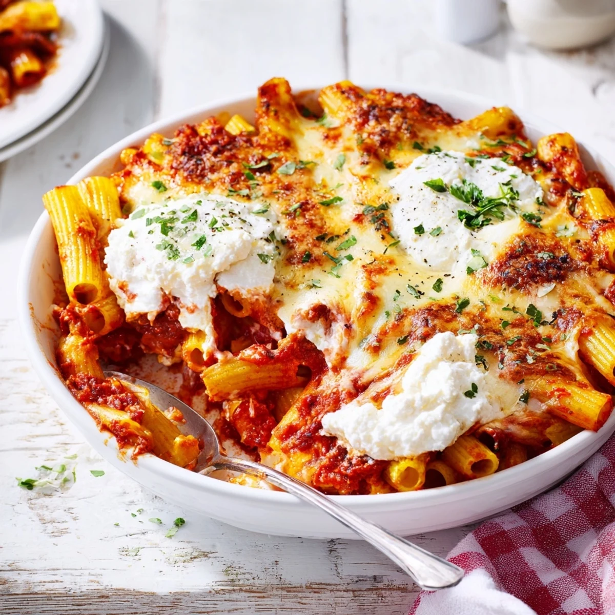 Steaming hot One-Dish Baked Ziti with Three Cheeses overflowing with melted mozzarella and bubbly Parmesan.