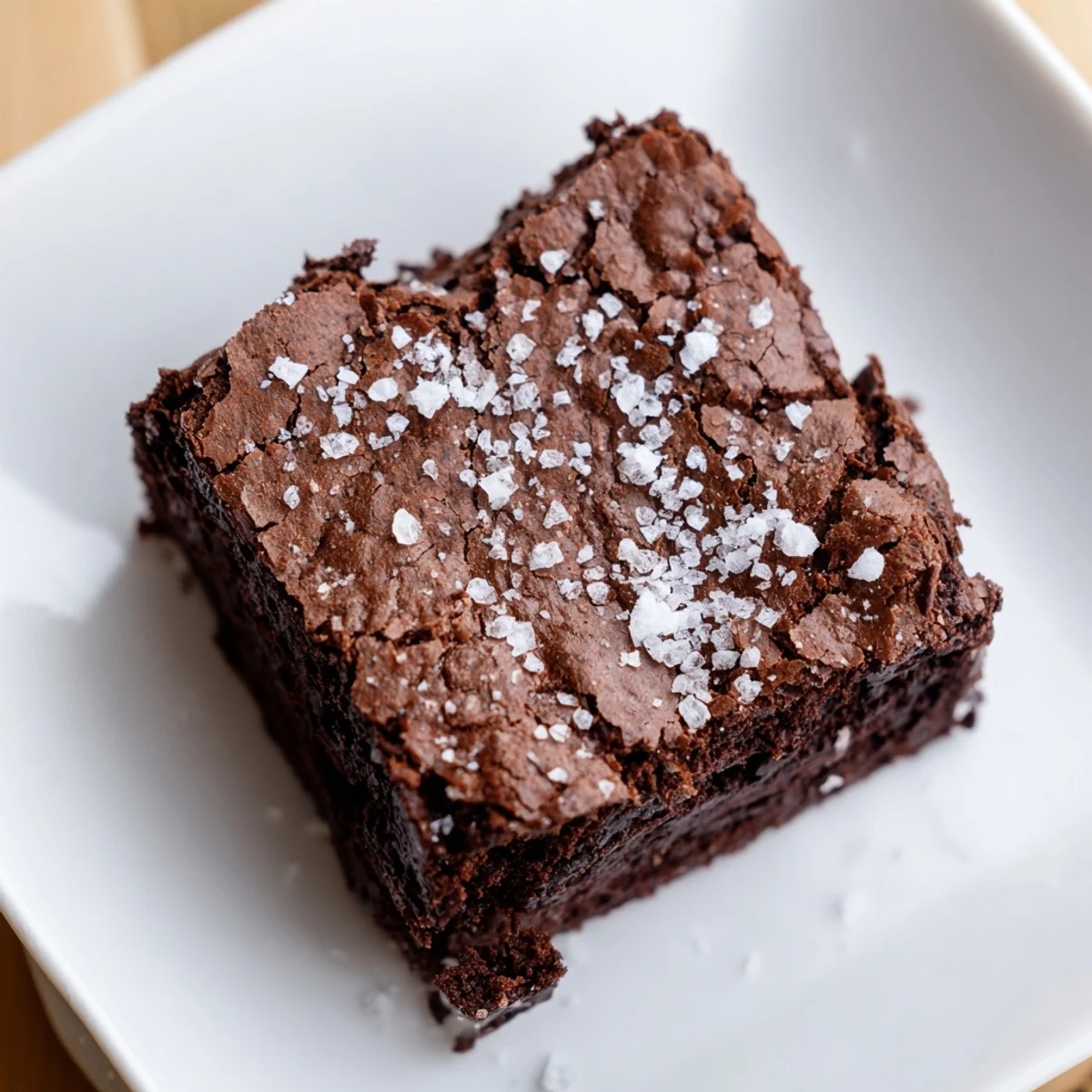 Fudgy Homemade Dark Chocolate and Sea Salt Brownies, topped with flaky salt, ready for a delicious bite.