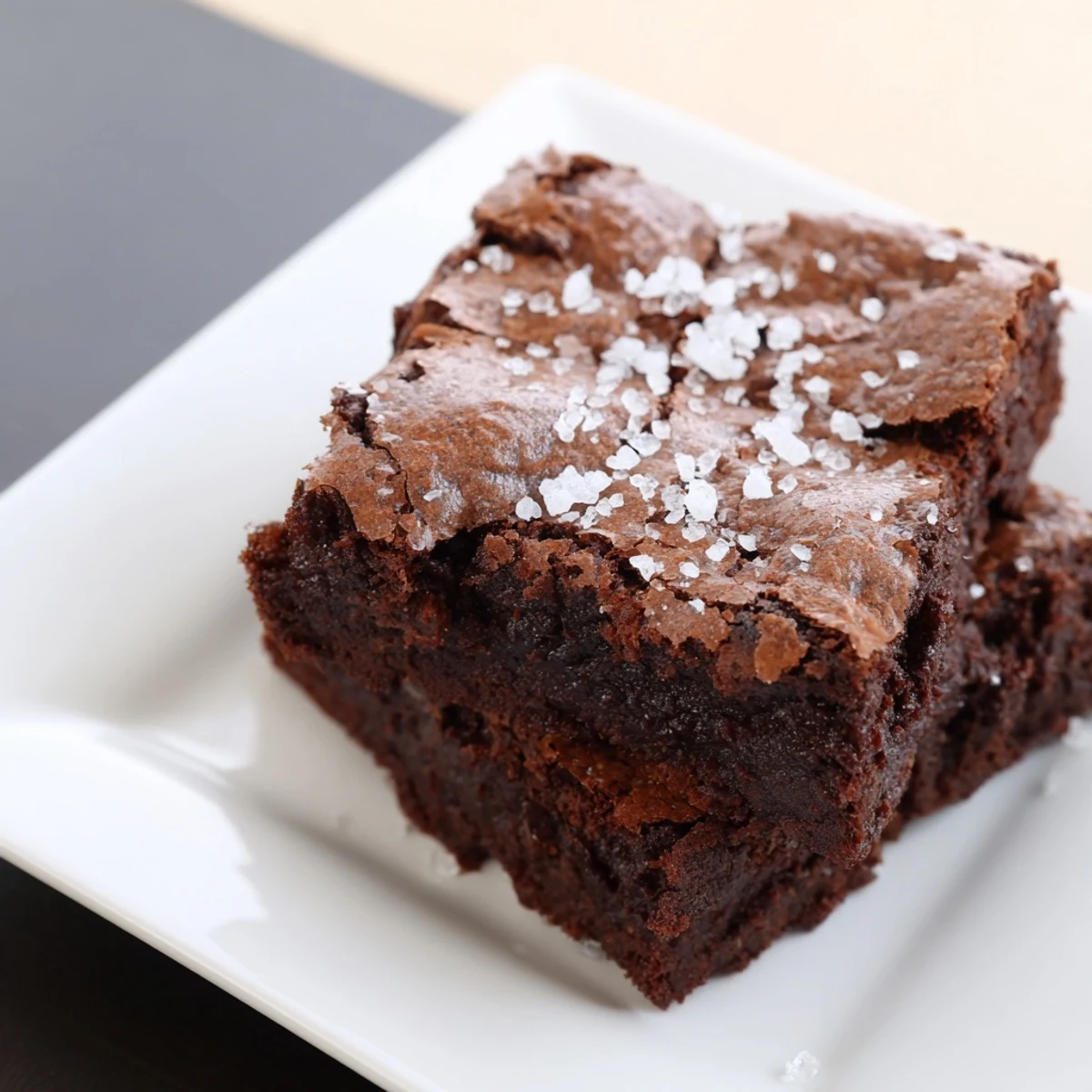 Close-up of freshly baked homemade dark chocolate and sea salt brownies; offering rich, dark flavors.