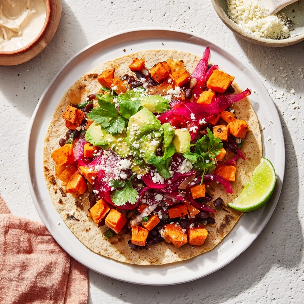 Golden, roasted sweet potatoes and black beans spilling from vibrant Quick Sweet Potato and Black Bean Tacos.