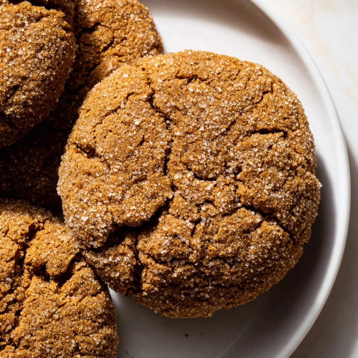 A stack of chewy soft-baked ginger and molasses cookies, highlighting their rich, dark color and textures.