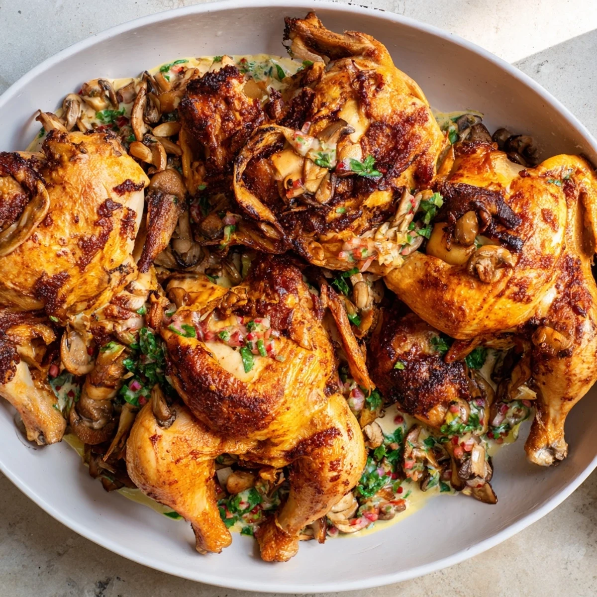 Golden-brown skillet-seared chicken breast, generously coated in a rich mushroom cream sauce with herbs.