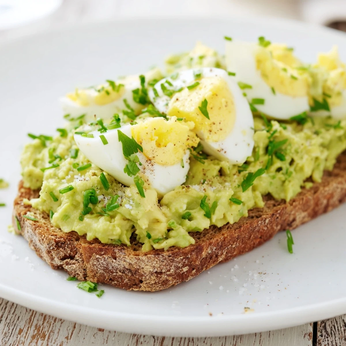 Toasted bread topped generously with avocado egg smash, a simple vegetarian lunch option.