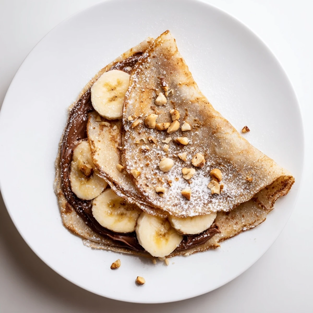 Golden, crispy Banana Nutella Wrap, folded and cooked, ready to enjoy with a dusting of powdered sugar.
