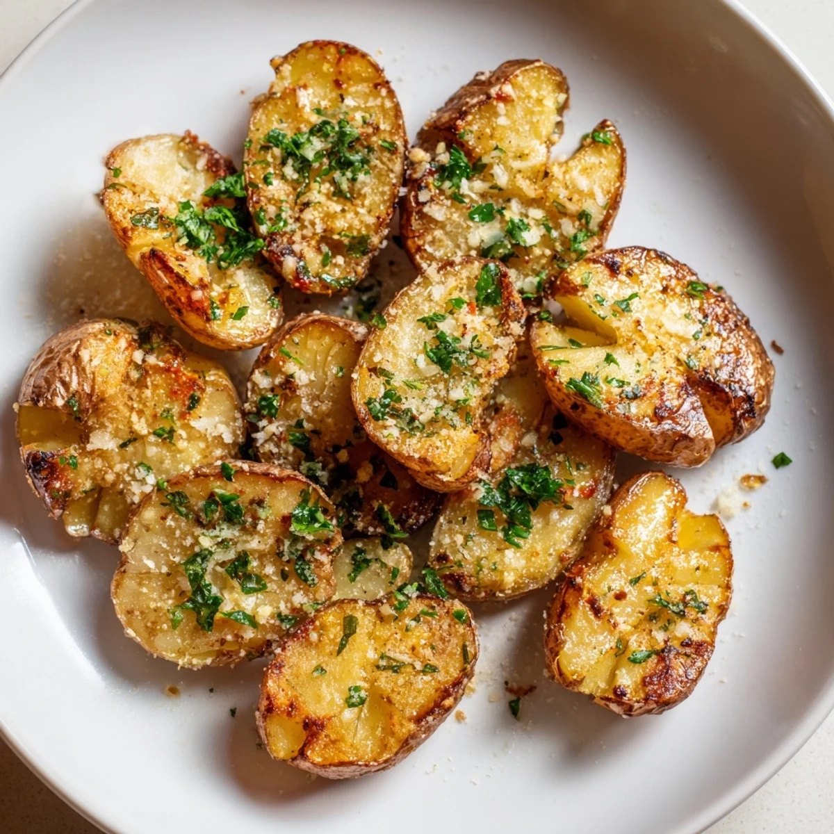 Golden, crispy Garlic Parmesan Potatoes ready to serve, a delicious side for any meal tonight.