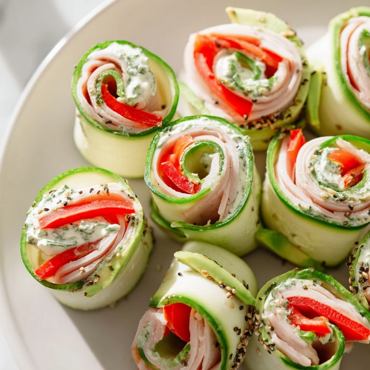 Cucumber Roll-Ups—Low-carb snack beautifully showing fresh cucumber rolls filled with deli meats.