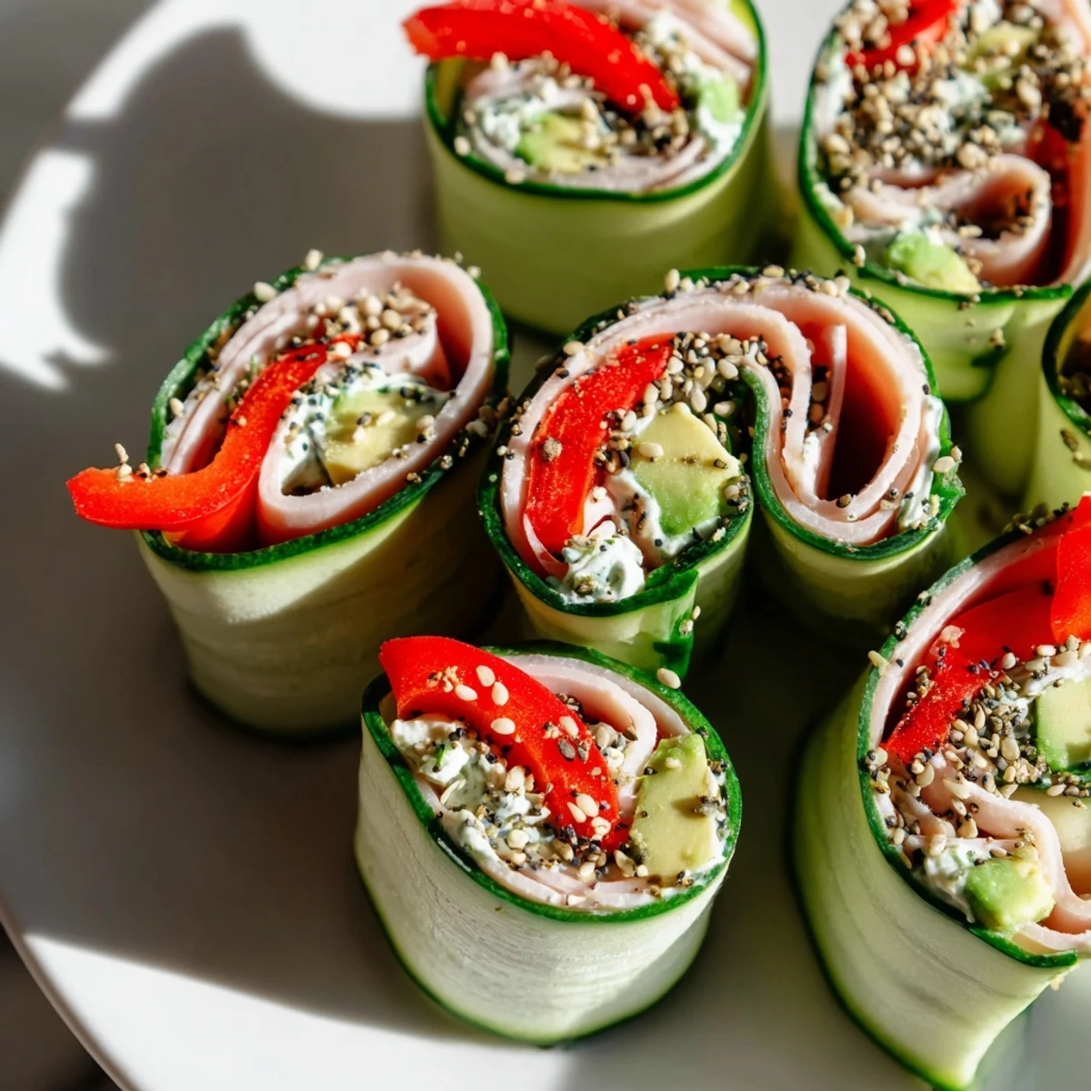 Close-up of delicious Cucumber Roll-Ups ready to eat, a low-carb snack perfect for summer.
