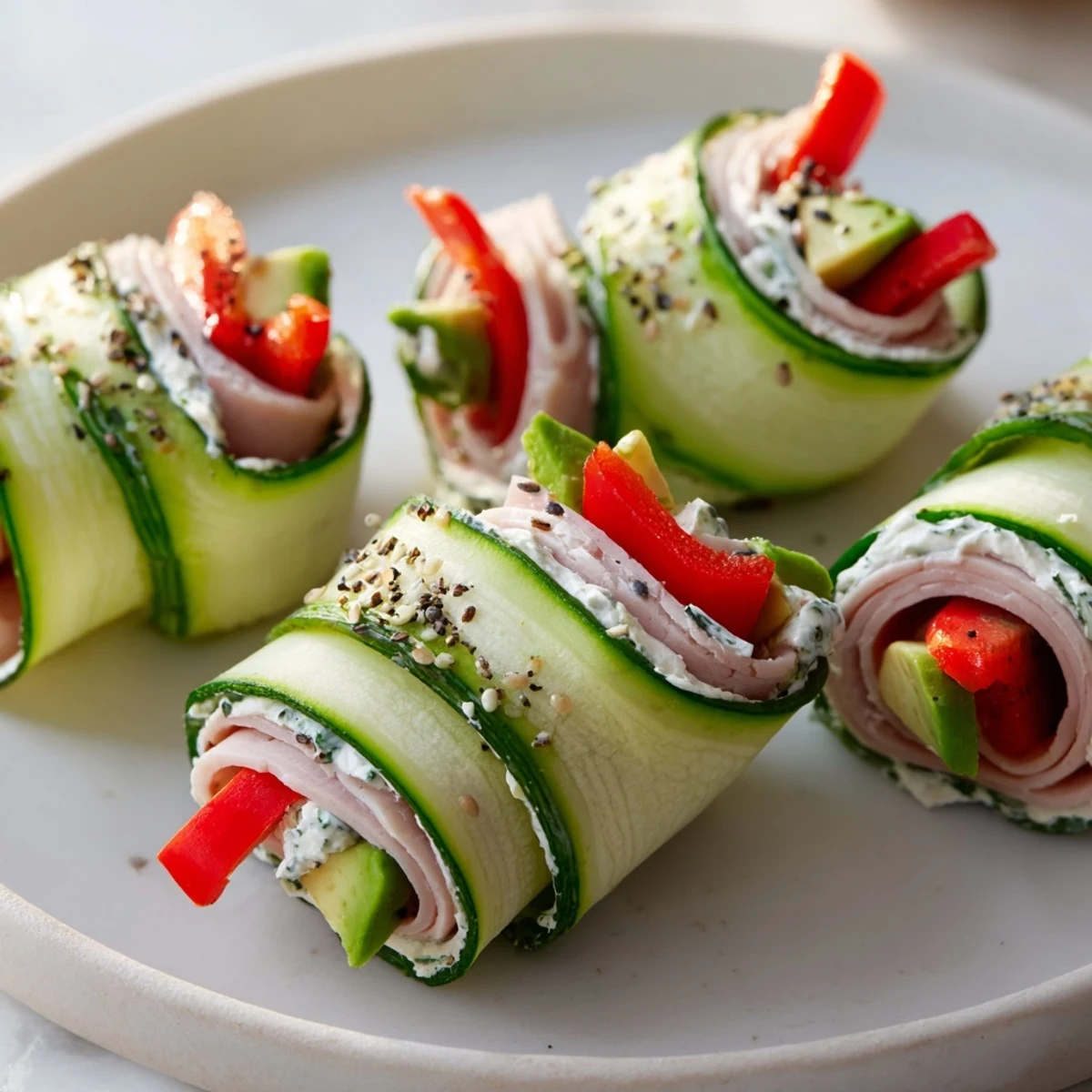 These Cucumber Roll-Ups feature crisp cucumber wrapped around seasoned cream cheese and turkey.
