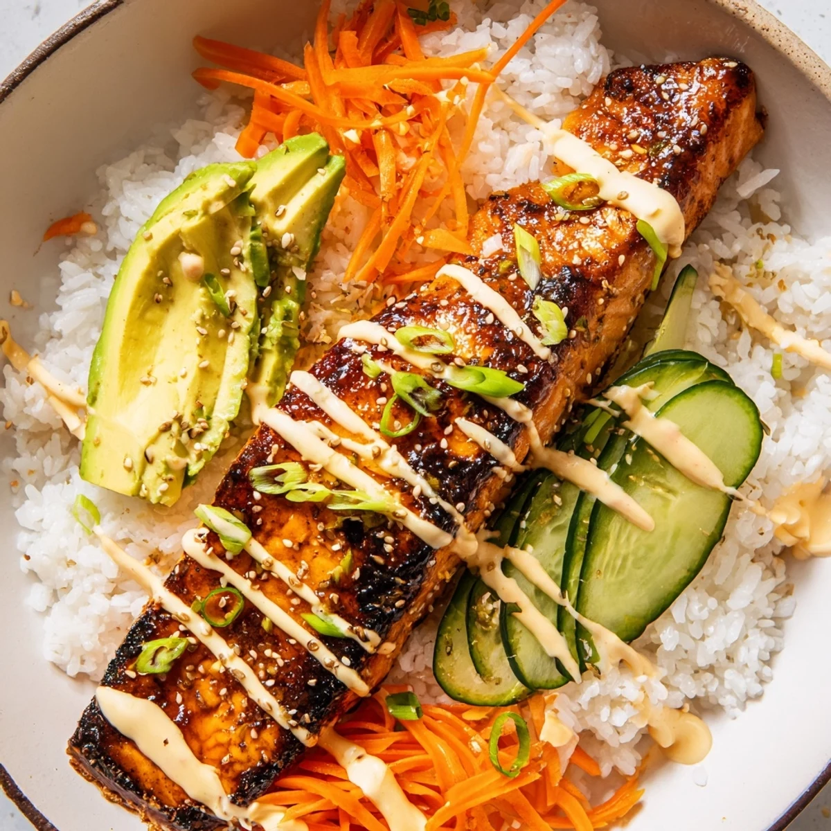 Flavorful teriyaki salmon rice bowl, featuring perfectly cooked salmon and colorful, fresh vegetables.