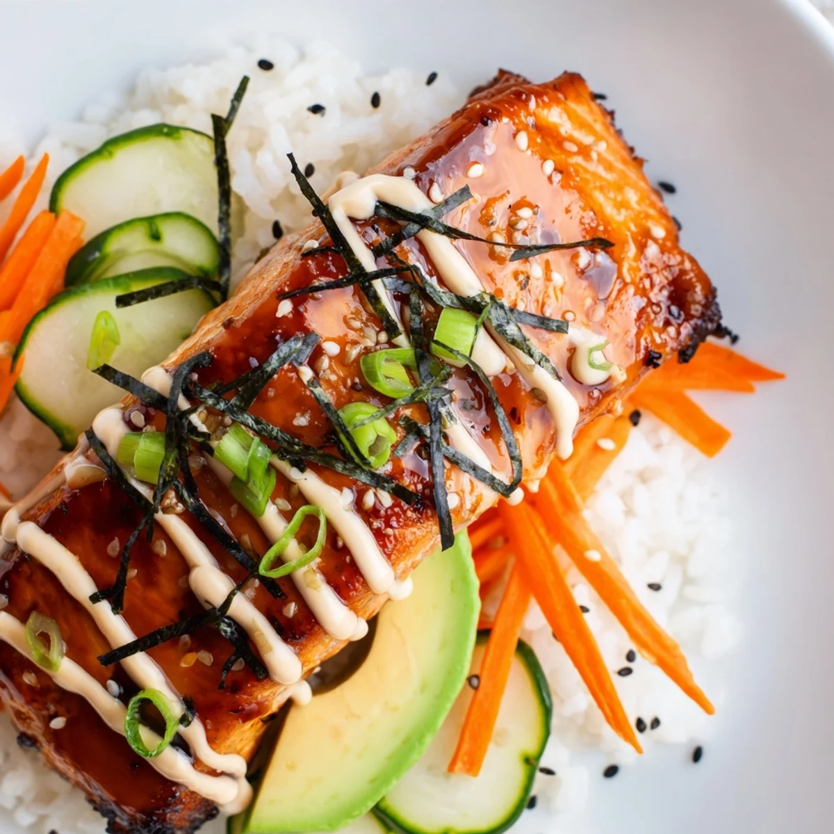 This teriyaki salmon rice bowl showcases glistening salmon with a vibrant sriracha mayo drizzle.
