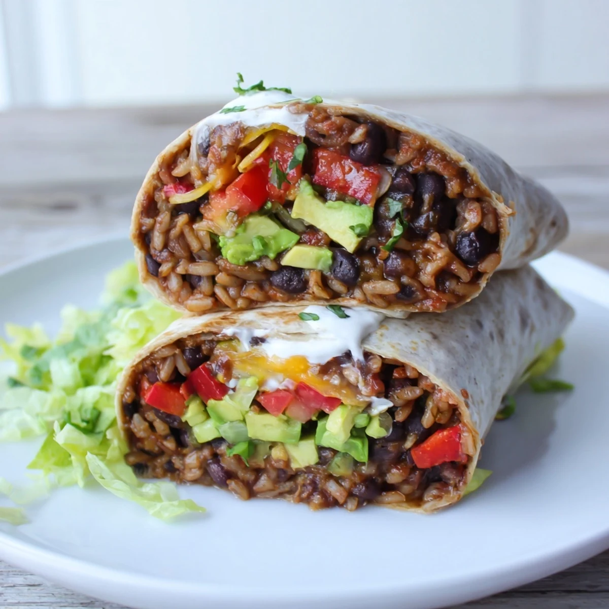 A close-up of a generously filled Smoky Black Bean Burrito, wrapped tightly and ready to be enjoyed.