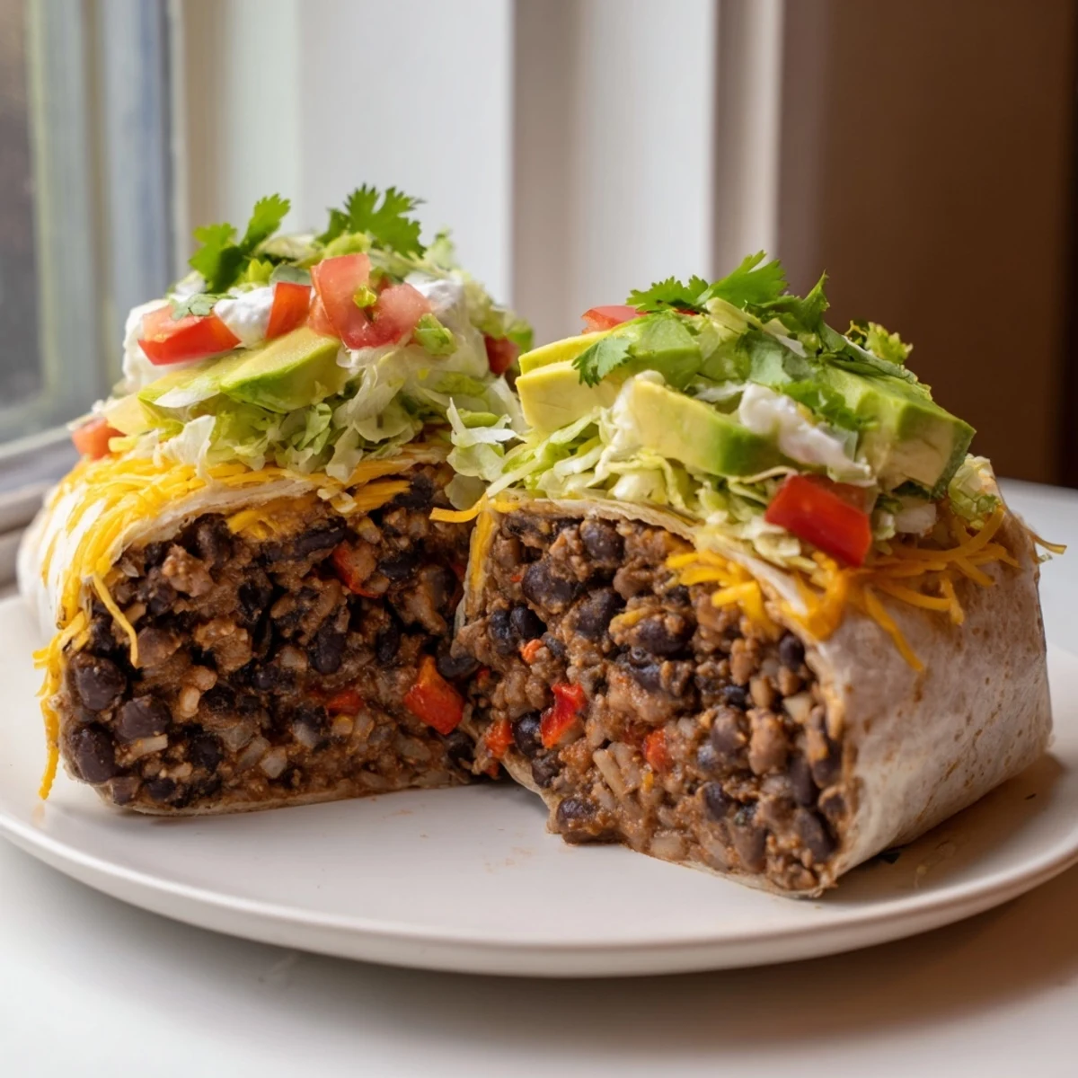Steaming Smoky Black Bean Burrito, overflowing with vegetables, ready for a satisfying, healthy meal.