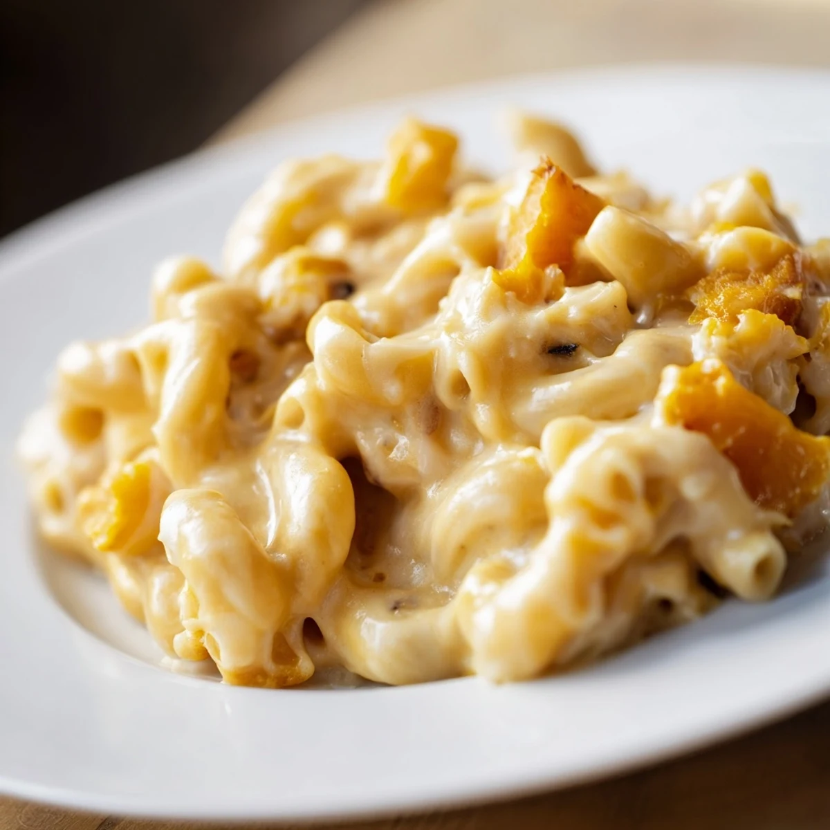 A close-up of creamy Butternut Squash Mac, illustrating its cheesy, comforting texture.
