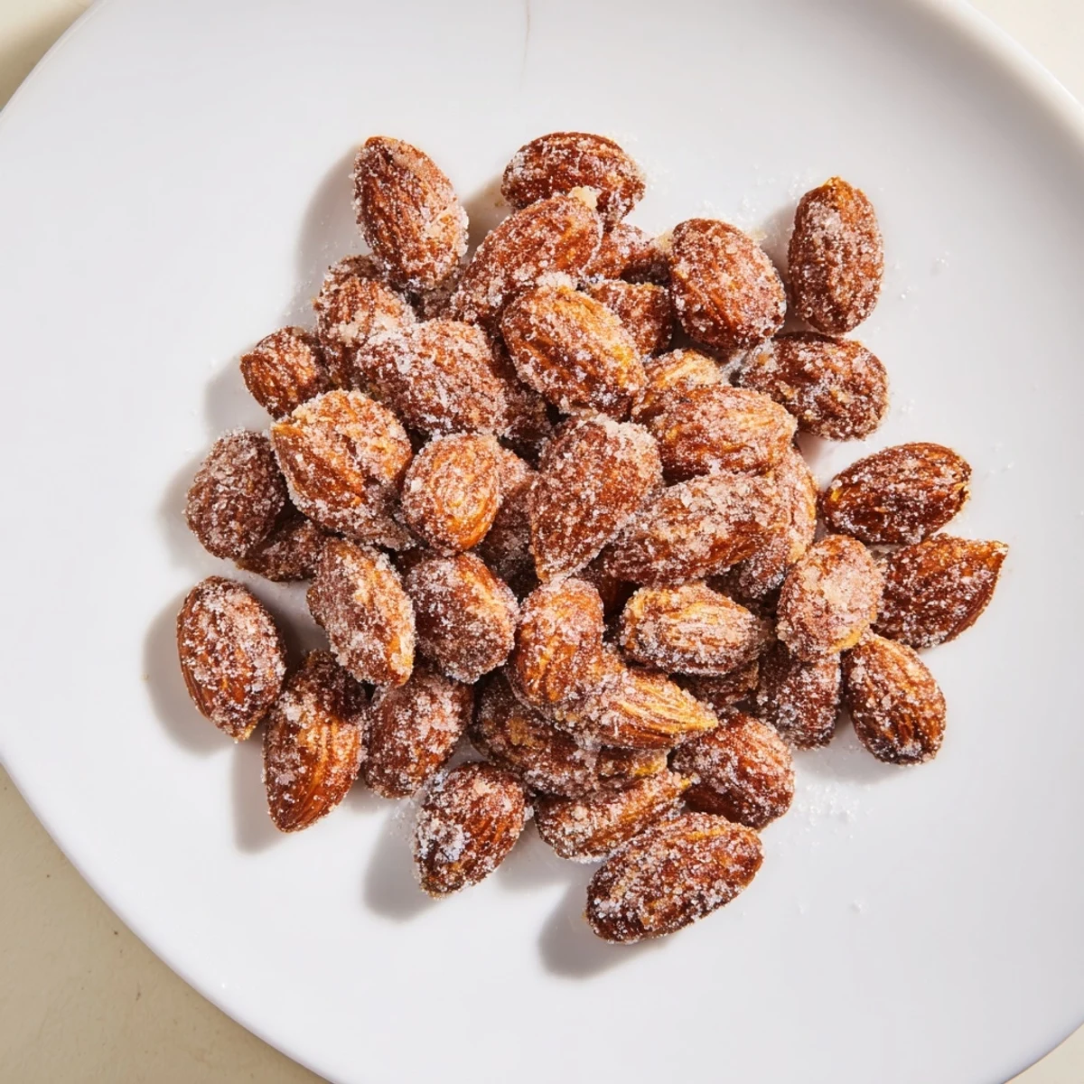 A close-up of a bowl filled with delicious cinnamon roasted almonds, perfect for snacking.
