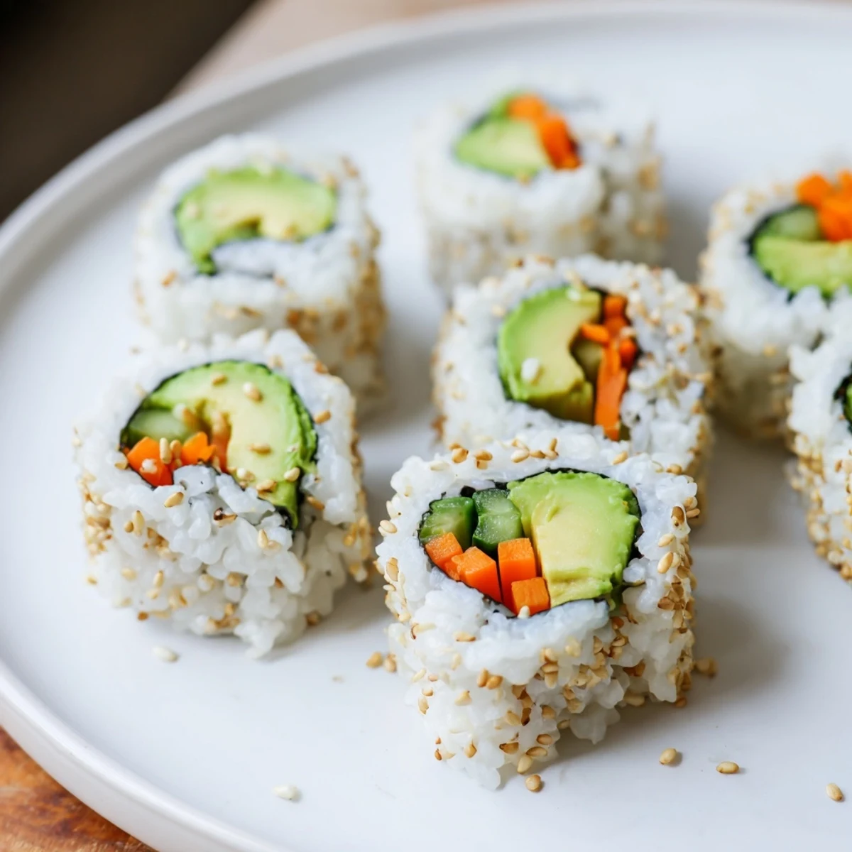 Fresh, vibrantly green Avocado Cucumber Sushi rolls, ready to be dipped into soy sauce for a tasty meal.