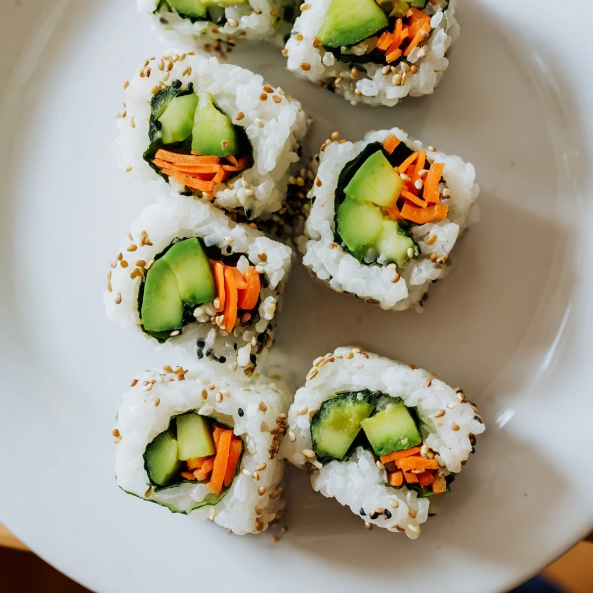 A close-up of beautifully rolled Avocado Cucumber Sushi, showcasing the creamy avocado and crisp cucumber inside.