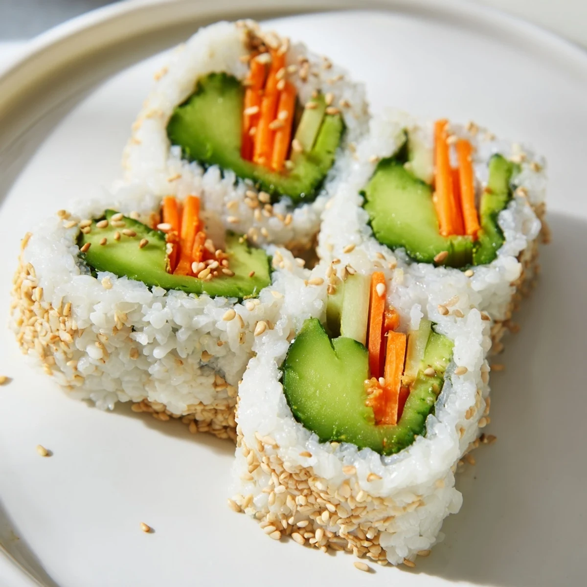 Perfect vegan appetizer: Sliced Avocado Cucumber Sushi rolls with a sprinkle of sesame seeds, ready to savor.