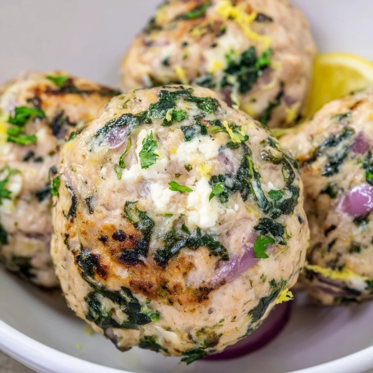 These baked spinach feta turkey meatballs, with a lemon garnish, look perfect for a flavorful Greek meal.