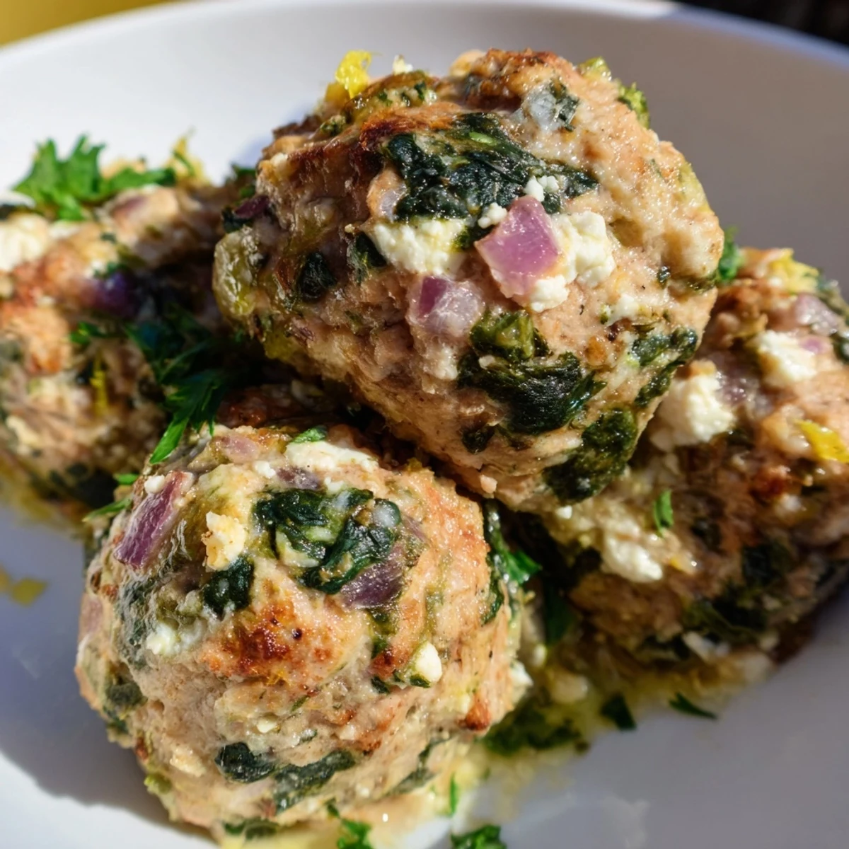 Tender spinach feta turkey meatballs, golden brown and served for a delicious, protein-rich main course.