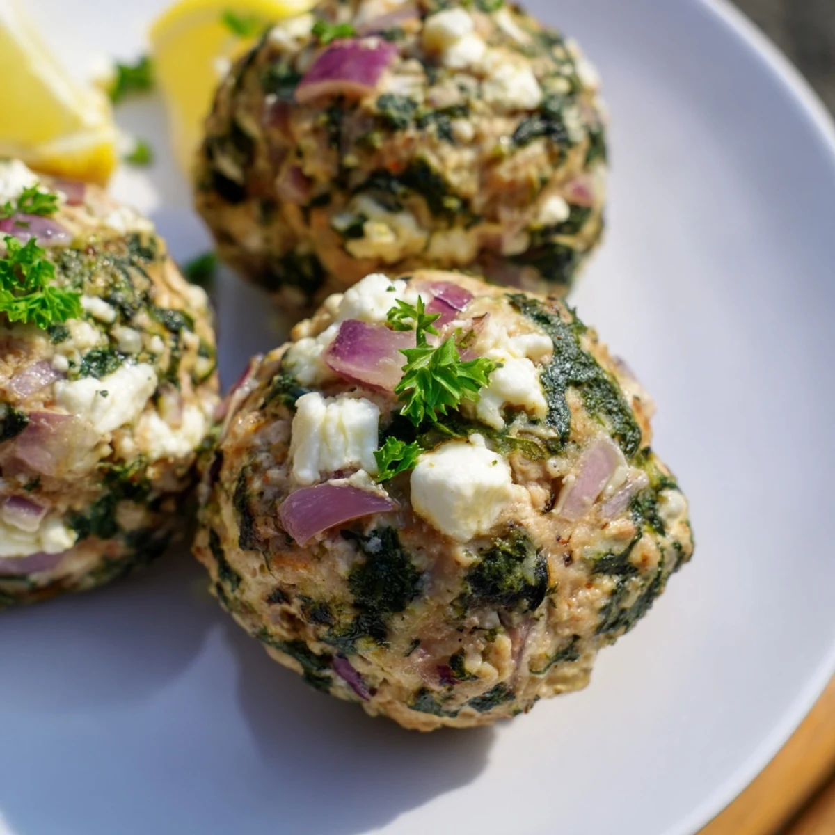 A plate of savory spinach feta turkey meatballs, with visible herbs and crumbled feta, ready to enjoy.