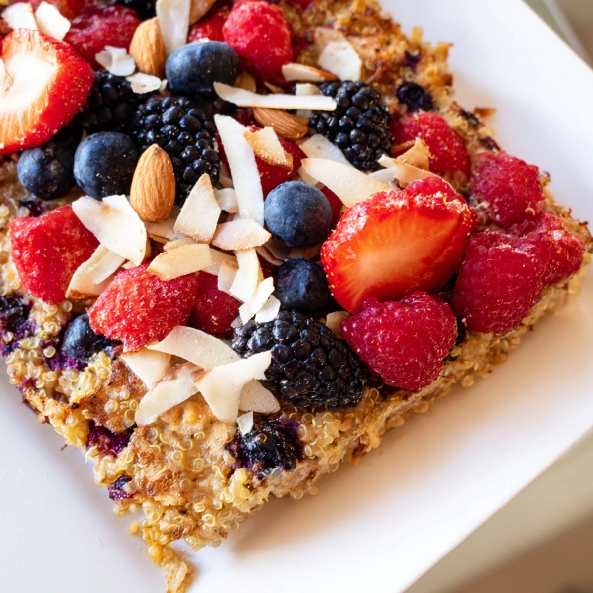Golden-baked Berry Quinoa Breakfast Bake with bursting berries, perfect for a cozy morning meal.