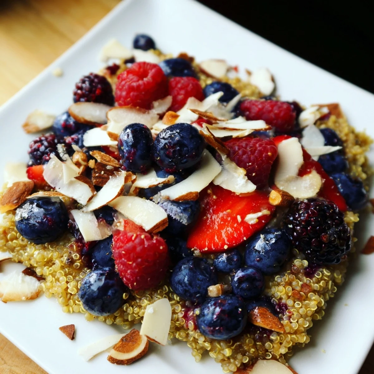 A beautiful close-up of a Berry Quinoa Breakfast Bake, speckled with nuts and juicy fruit, a flavorful breakfast.