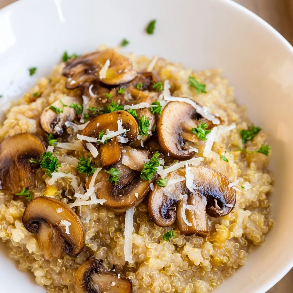 Creamy mushroom quinoa risotto, a vegetarian delight, is richly textured with Parmesan cheese.