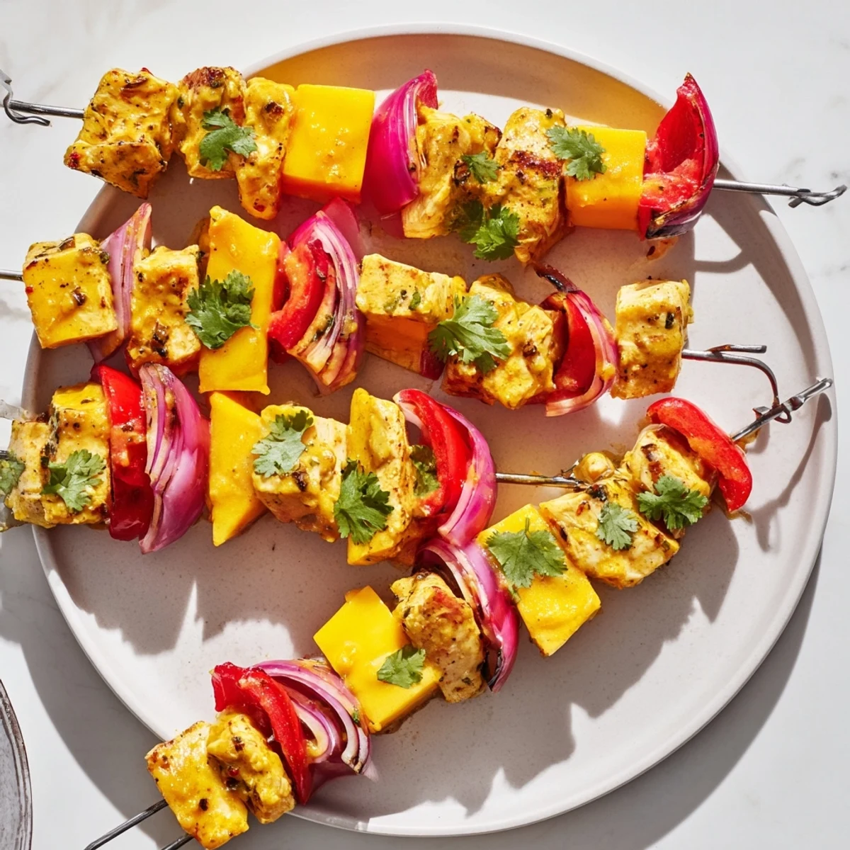 Vibrant Mango Lime Chicken Skewers with charred chicken, colorful peppers, and juicy mango.