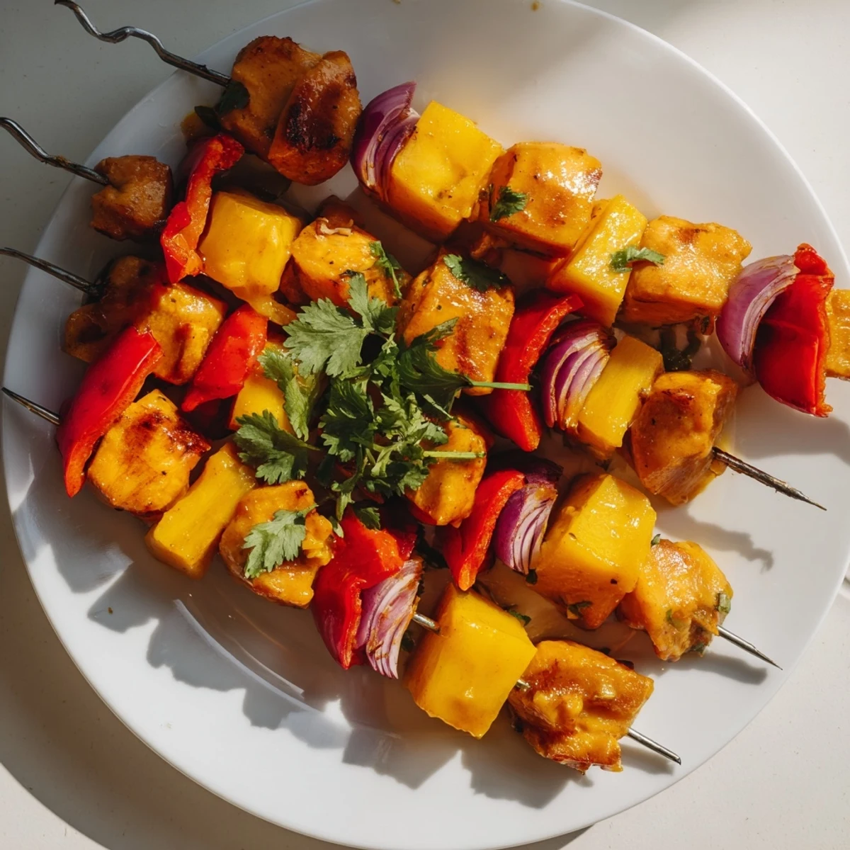 Grilled Mango Lime Chicken Skewers, boasting tender chicken and sweet, caramelized vegetables and a tropical aroma.