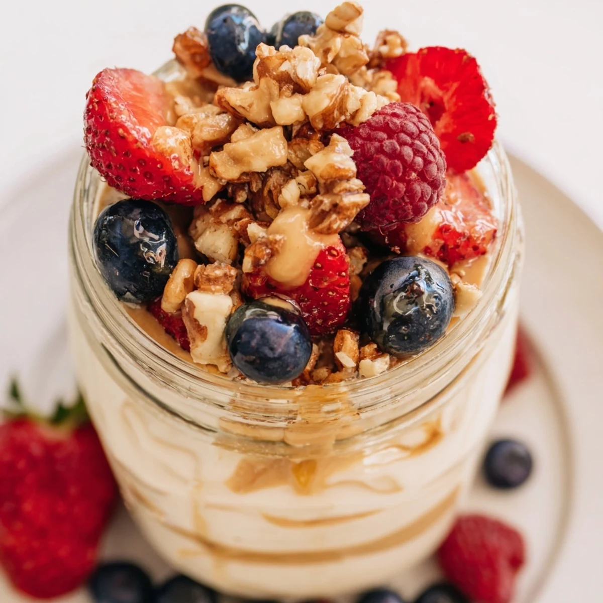 Cashew butter yogurt parfait layered with berries and granola, a delightful, creamy breakfast.