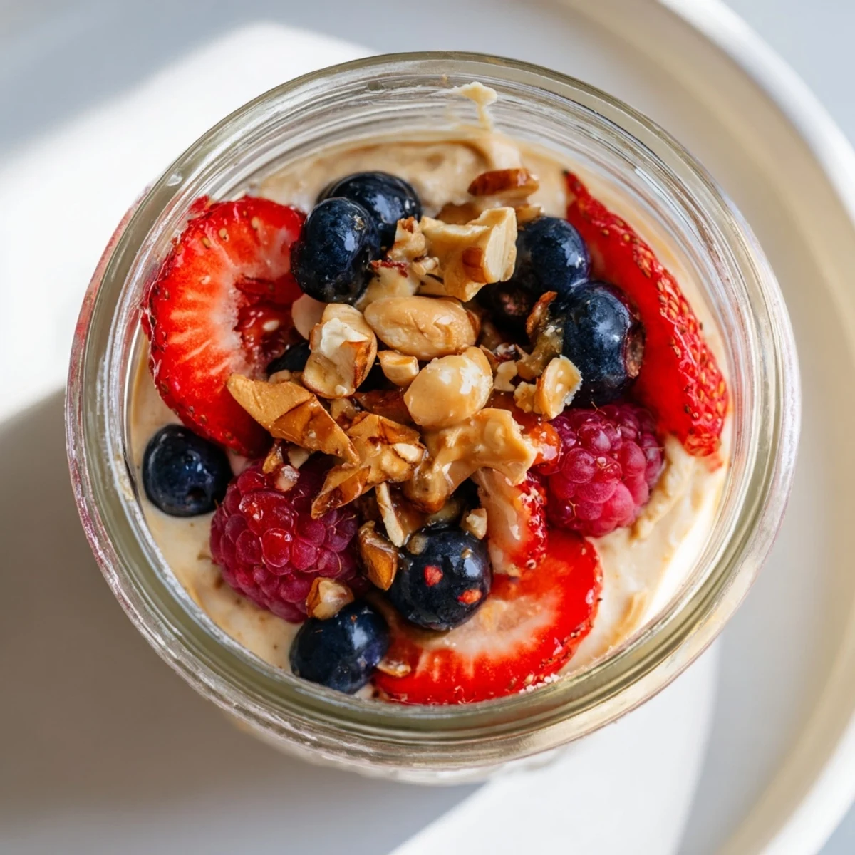 Vibrant parfait: creamy Greek yogurt swirled with cashew butter, fruit and granola, ready to eat.