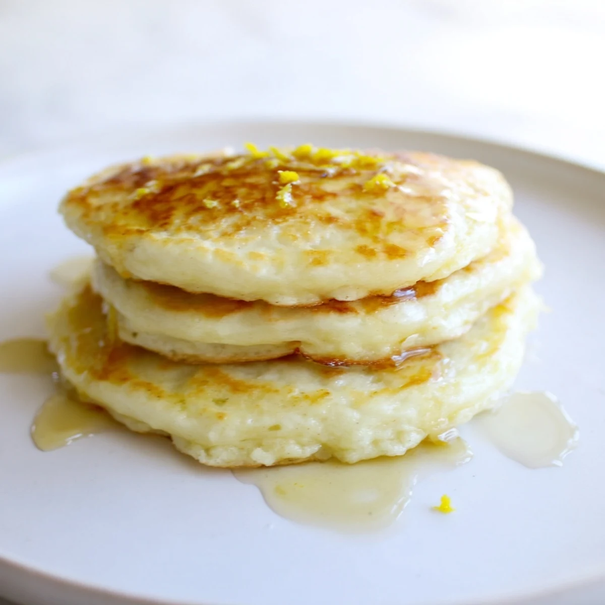 A close-up of fluffy Lemon Ricotta Pancakes, showing a light and airy texture with lemon zest.