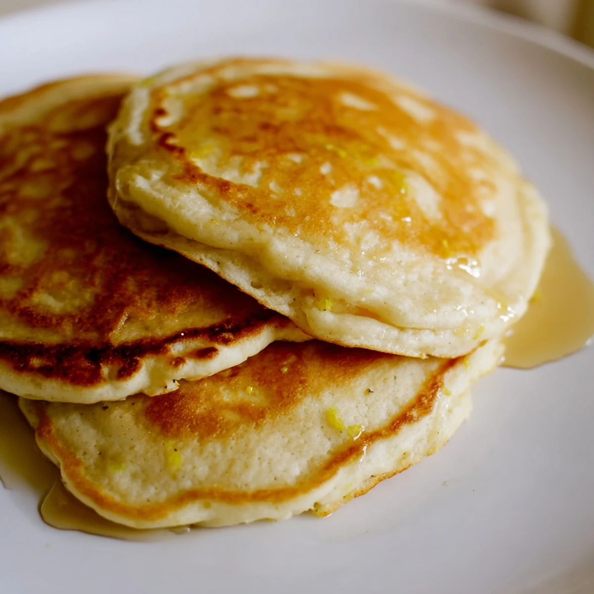 Golden-brown Lemon Ricotta Pancakes stacked high, drizzled with maple syrup and sprinkled berries.