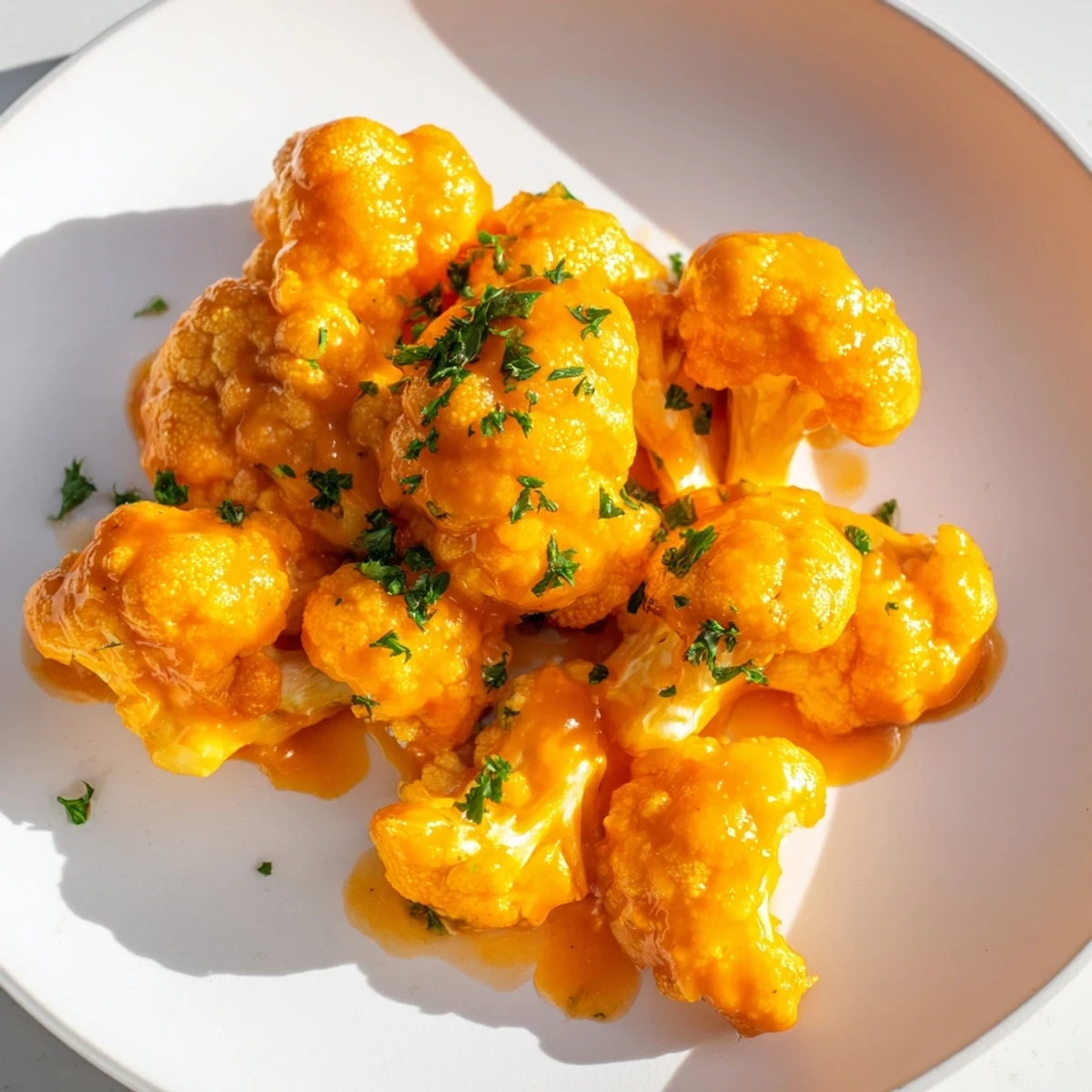 Golden-brown Buffalo Cauliflower Bites, crispy outside and tender inside, ready for dipping.
