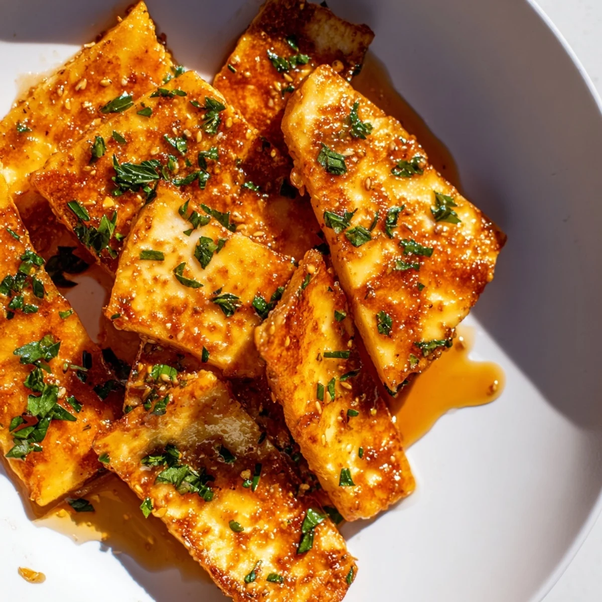 Crispy golden slices of hot honey halloumi, drizzled with sweet and spicy sauce for an appetizer.