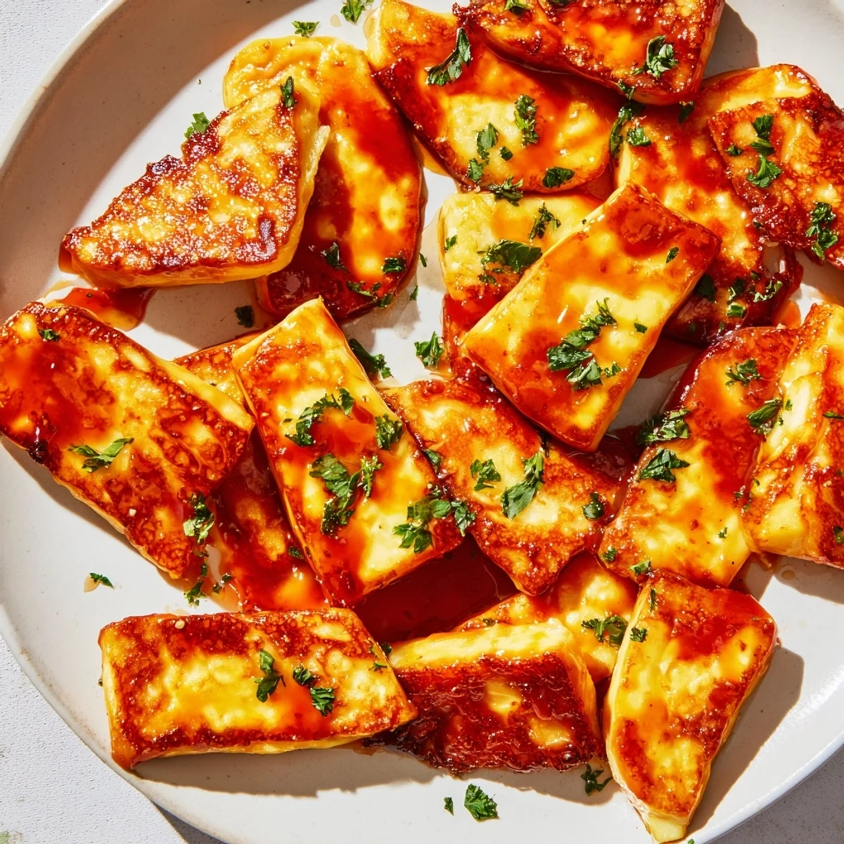 Enjoy a visual of golden-brown hot honey halloumi, a simple yet flavorful Mediterranean meal.